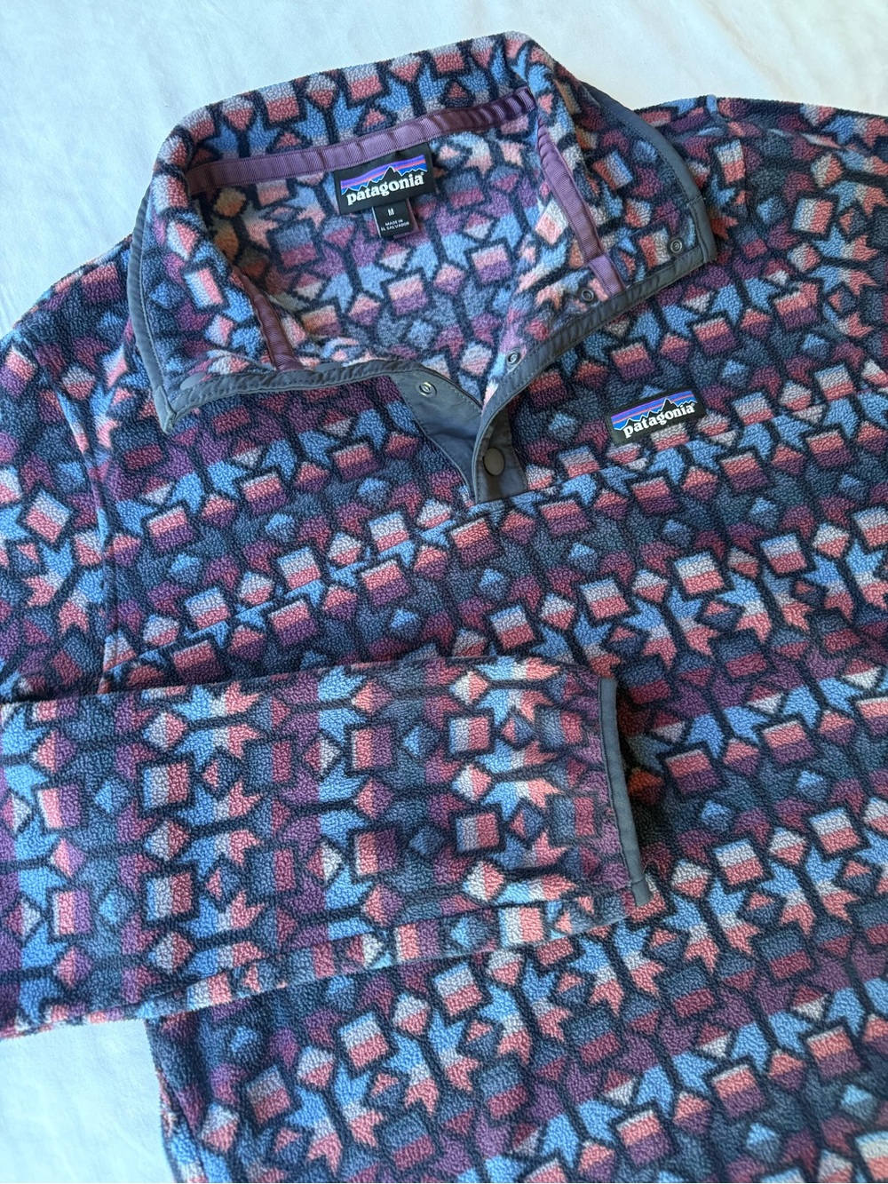 Patagonia Women's Snap-T Fleece Pullover, Purple Blue Geometric, Woman’s medium
